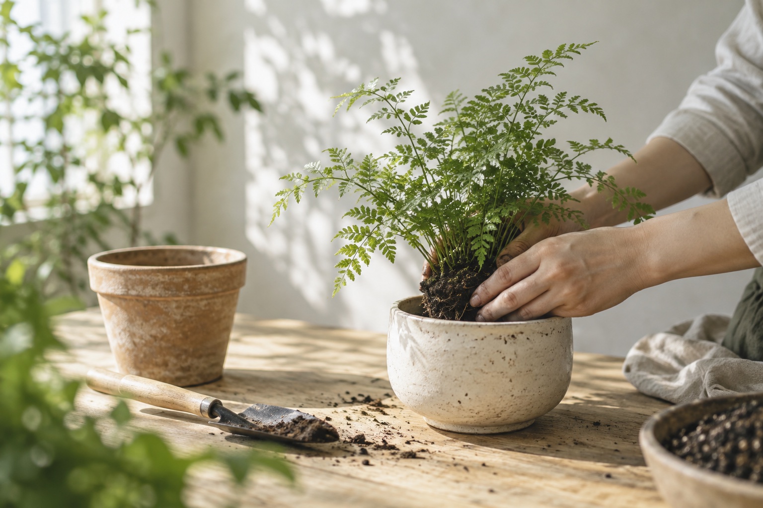 鉢に植物を植え替える手元。AI生成イメージ