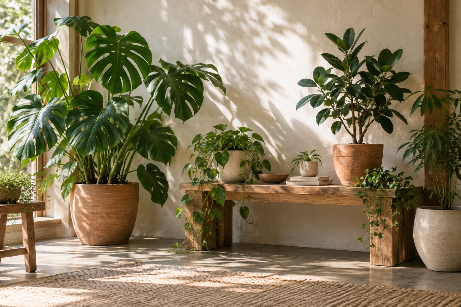 光の入る部屋に並ぶ観葉植物。AI生成イメージ